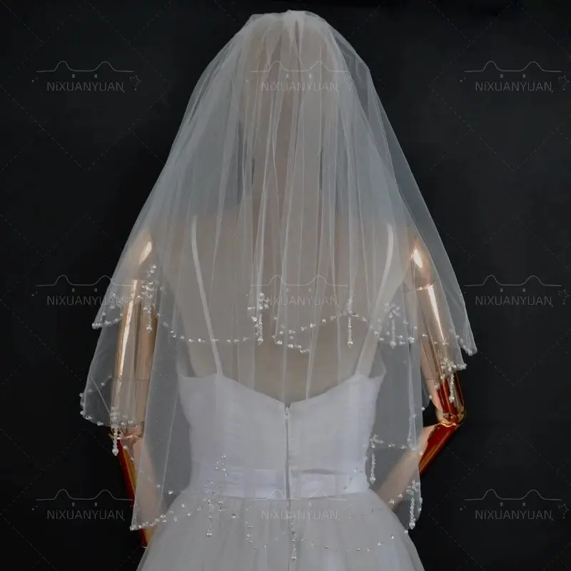 Voile de mariage de luxe avec bord en cristal, voile court à deux couches, voile en tulle blanc ivoire pour patients, vente en gros, 2023