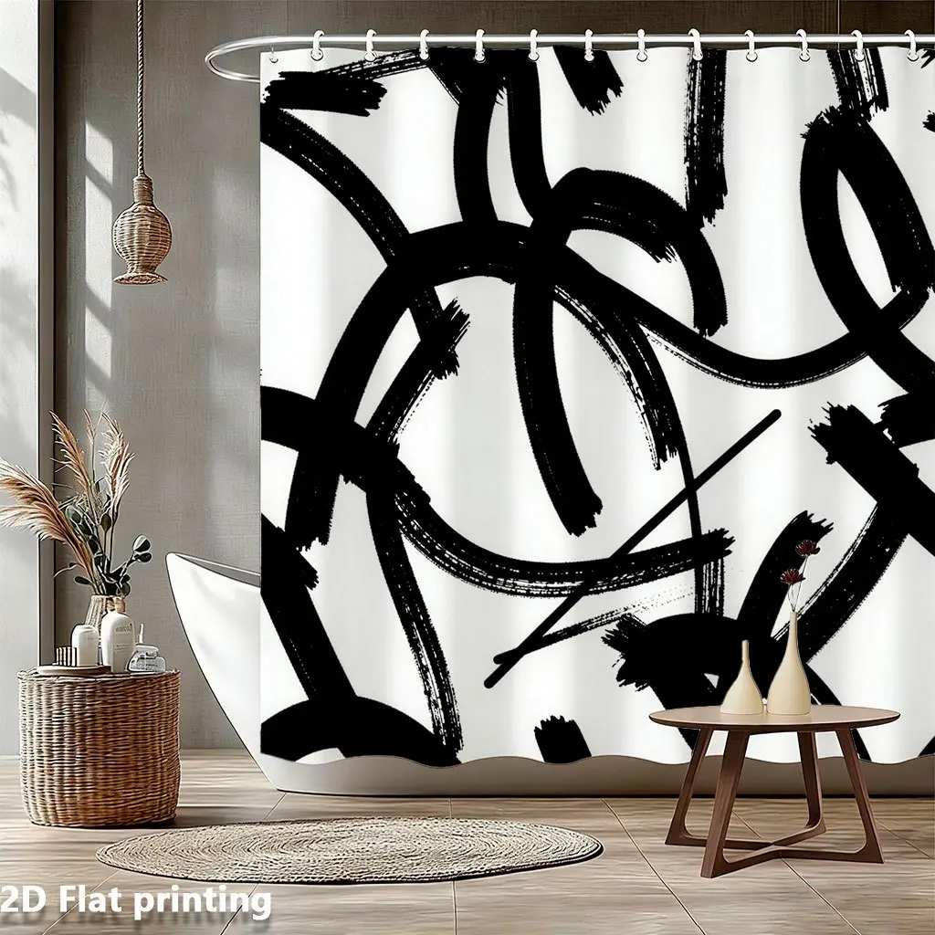 

Shower Curtain 71x71" Abstract Black Brushstroke Art – Bold Ink Strokes on White, Waterproof Polyester, Grommet Top