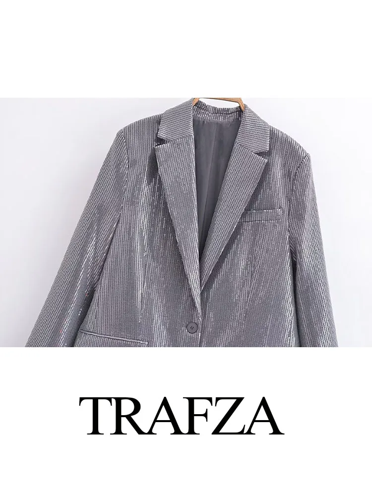 TRAFZA Women\'s Chic Fashion Sequin Decorated Jacket Solid Color Lapel Long Sleeve Pockets Single Breasted Women\'s Autumn Blazer