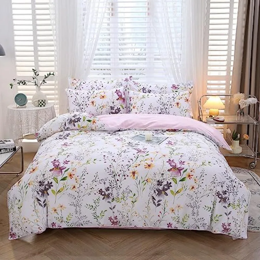 

Floral Duvet Cover Set Twin Size 3-Pieces Egyptian Cotton Percale Weave Garden Chic Flowers Comforter Bedding Set Soft and Brea