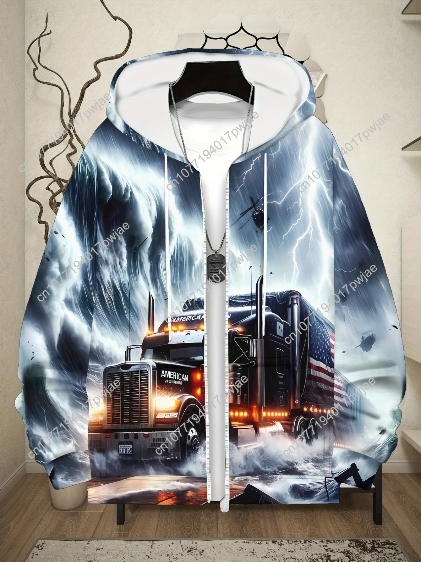 Moletom masculino com capuz gráfico Lightning Truck – poliéster durável, design preto e branco, jaqueta com zíper de ajuste confortável para roupas casuais e esportivas