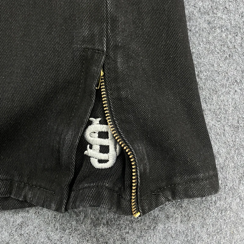 Vintage gewassen denim broek herfst rechte pijpen casual straat rits borduurpatroon voor dames