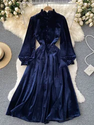 Runway Autumn Winter Clothes Long Sleeve Midi Velvet Dress Women Solid Single Breasted Zipper Ruffles Neck Party Vestidos