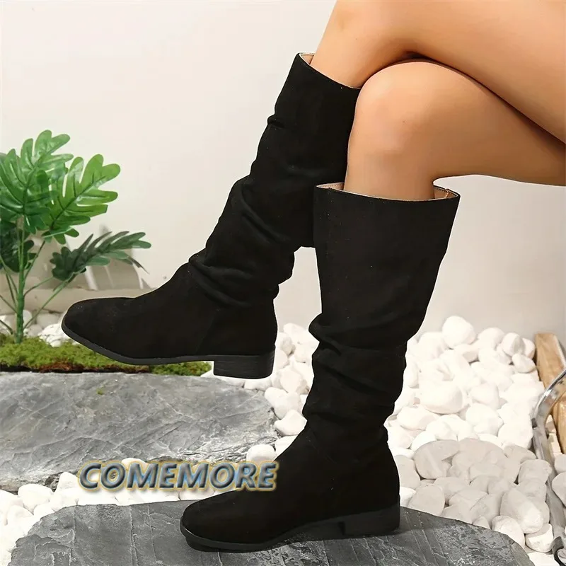 Plisowane buty damskie Faux Suede Flock Knee High Boots 2024 Winter Woman Fashion Slip on Square Low Heeled Knight Booties Mujer