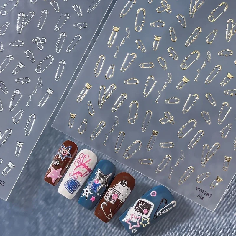 Colourful Safety Pin Metallic Bear Artistic Sign Word Small Flower Embellishment Adhesive Nail Charms Art Sticker Manicure Decal