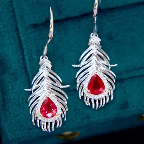 UBESTNICE Luxury Real 18K Solid White Gold 750 Jewelry Pigeon Blood Red Strong Fluore Natural Ruby Feather Diamond Drop Earrings