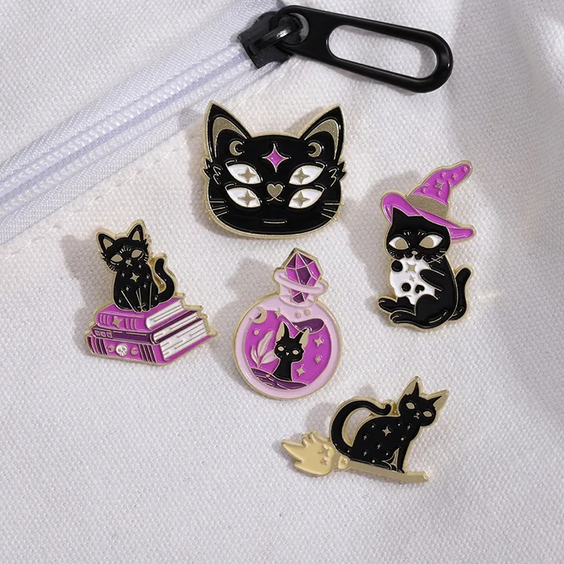 Purple Magic Black Cat Brooches Witch Book Enamel Pins for Backpack Spooky Gifts for Friends