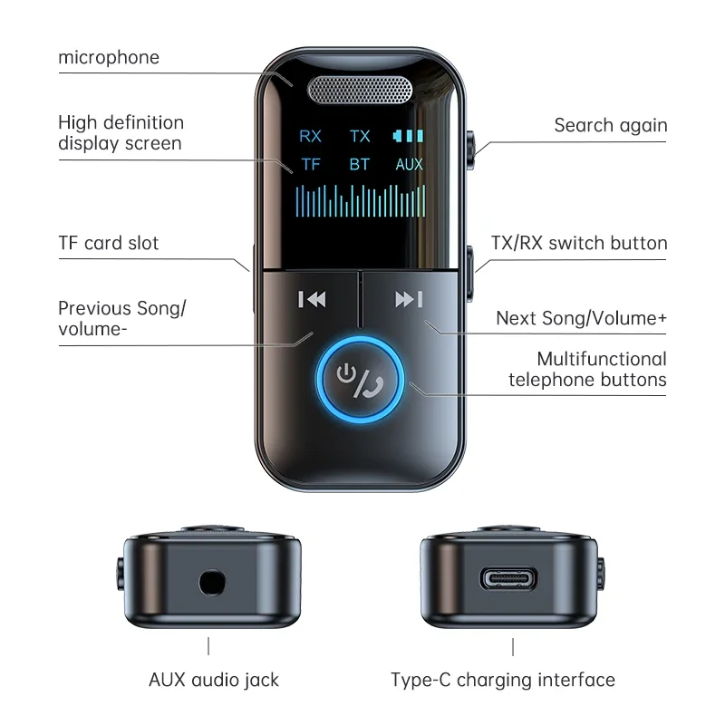 ワイヤレスオーディオレシーバー/トランスミッター,2 in 1, Bluetooth 5.4, 3.5mm補助ジャック,RCA航空機,カースピーカー用アダプターマイク,PC, TV,ヘッドフォン