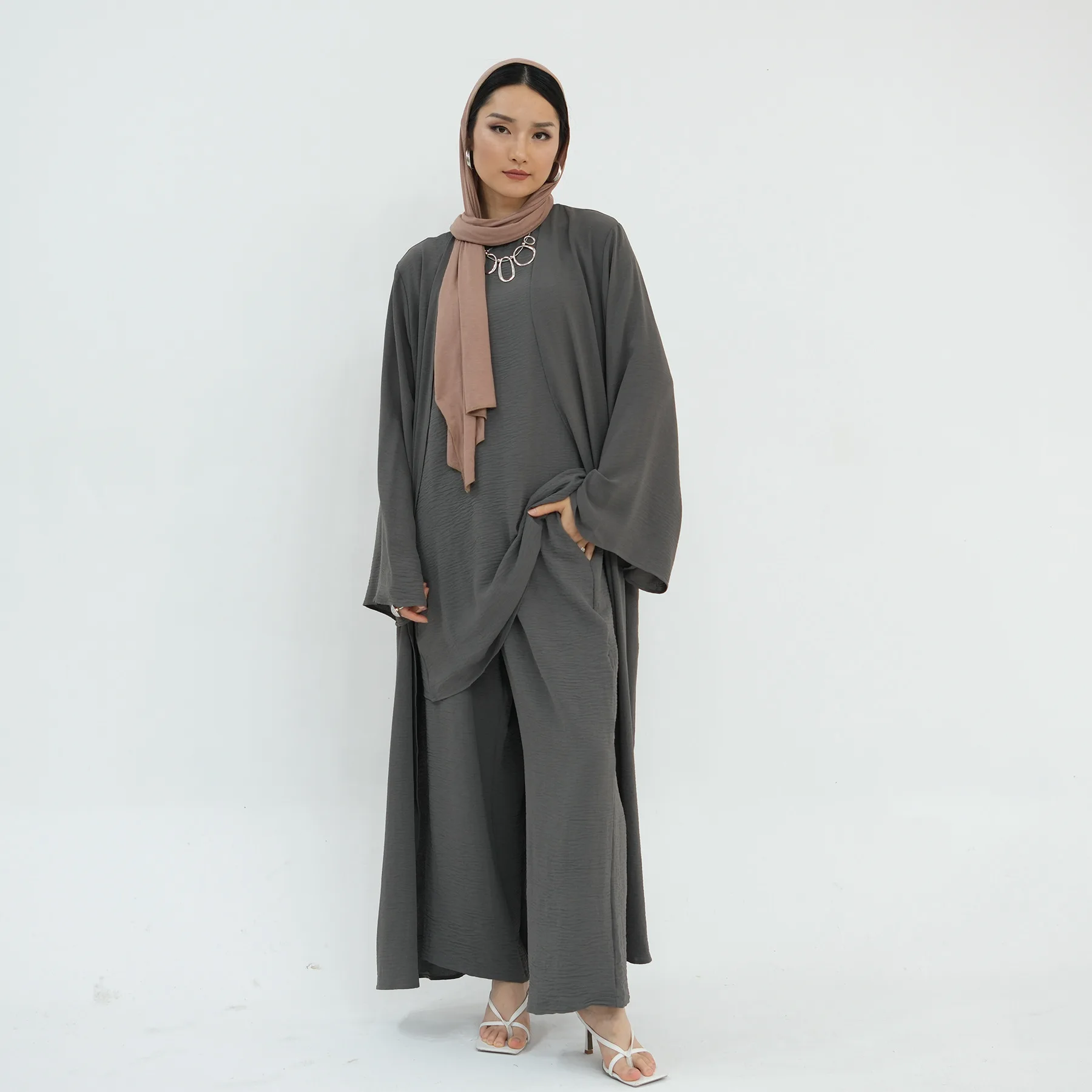 Eid Muslim Three Piece Sets Women Abaya Cardigan Tops Wide Leg Pants Suits Modest Kaftan Ramadan Morocco Abayas Ensembles