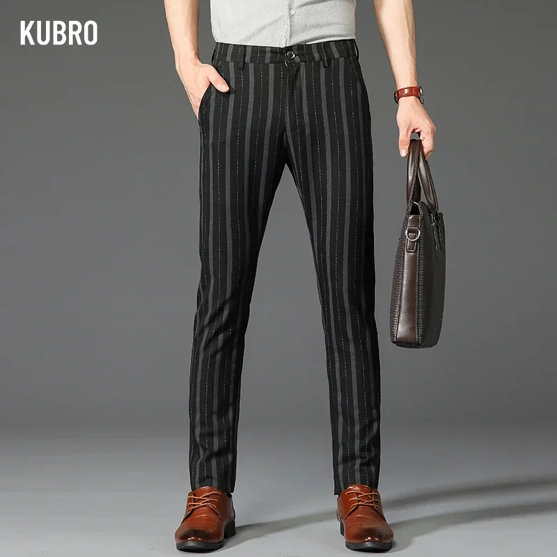 KUBRO Spring Autumn Brand Stripe Pants Men Classic Business Elastic Waist Slim Formal Suit Casual Trousers Fashion High Quality