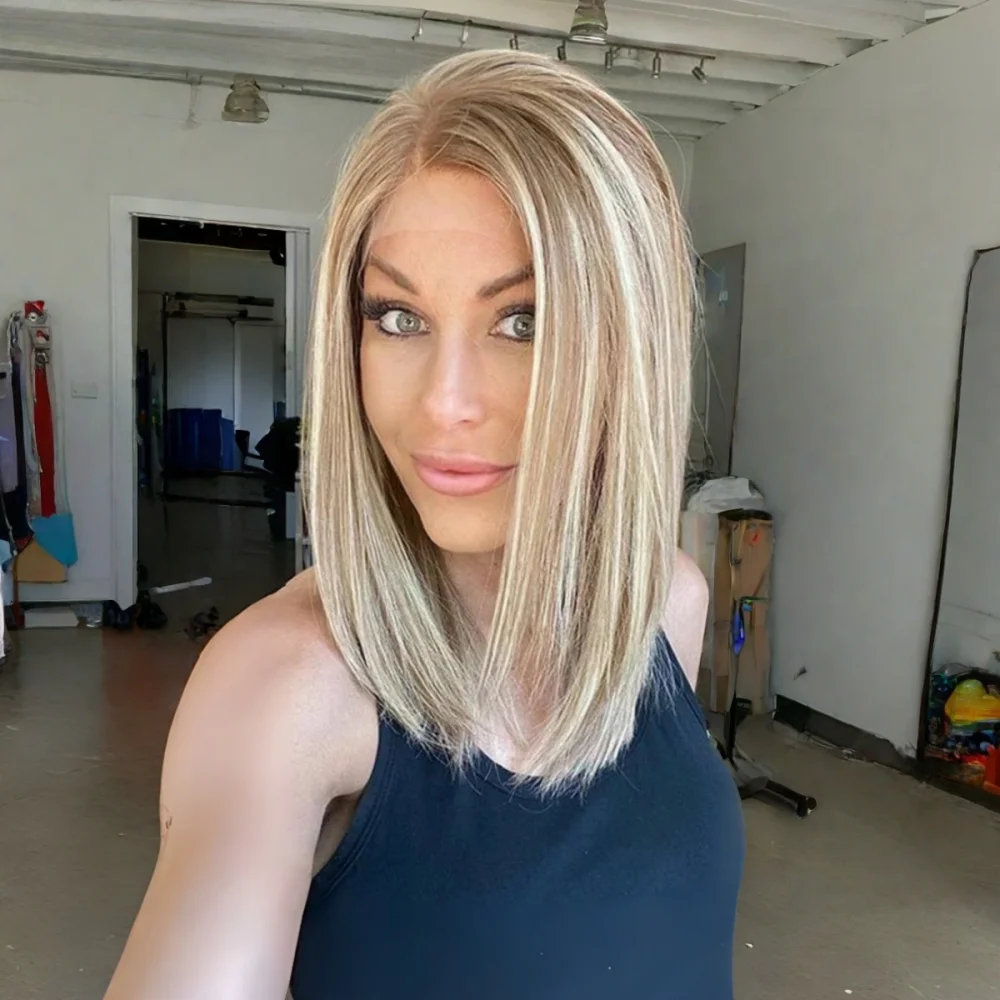 

Highlight Blond Soft 18inch Straight Hair 150 density and 13×4 100%human hair wig lace front wig, with baby hair pre plucked