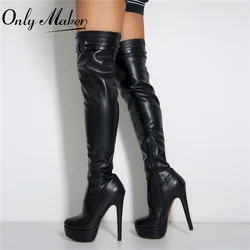 Onlymaker  Women Platform Sexy Over The Knee Boots Lady High Heels Buckle Matte Black Matte Winter Female Boots