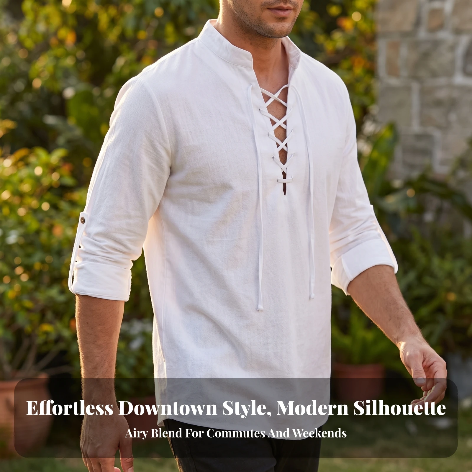 Pullover Retro-Inspired Lace-up Shirt Henley Breathable Apparel for Men, Casual Wear, Beach