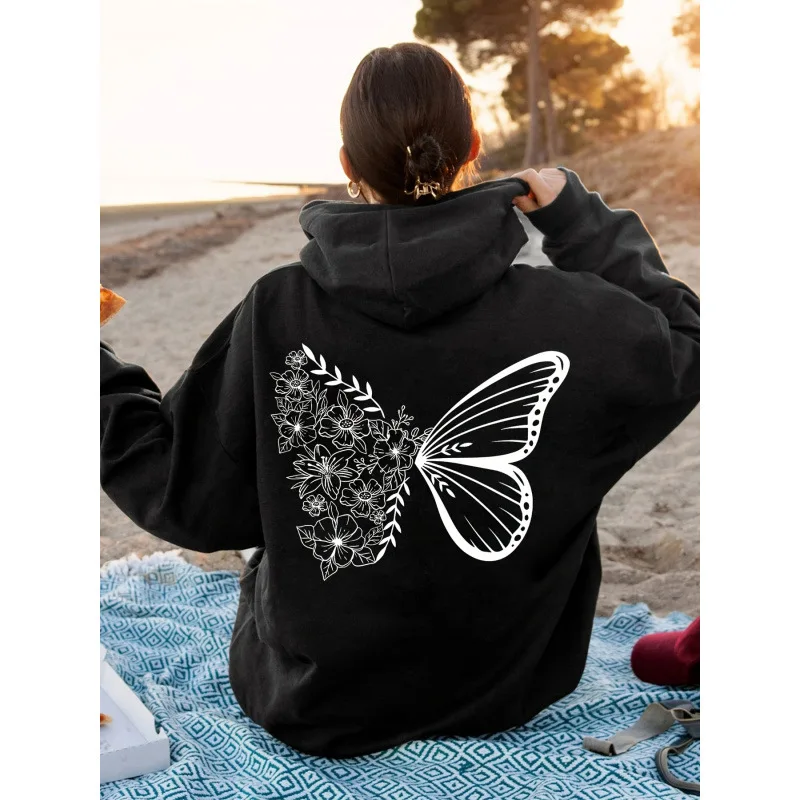 Ladies' casual hoodie with complex butterfly and floral design printed fashionable long sleeved sweatshirt