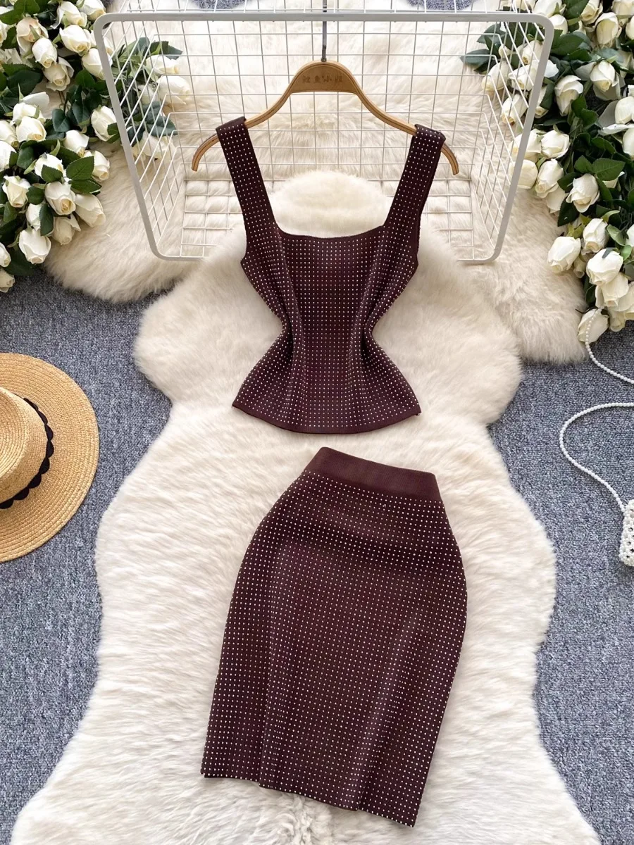 Mode Fuchsia Strass Stricken Zwei-Stück Set Frauen Square Neck Crop Top Bodycon Rock Party Date Schlank Outfit