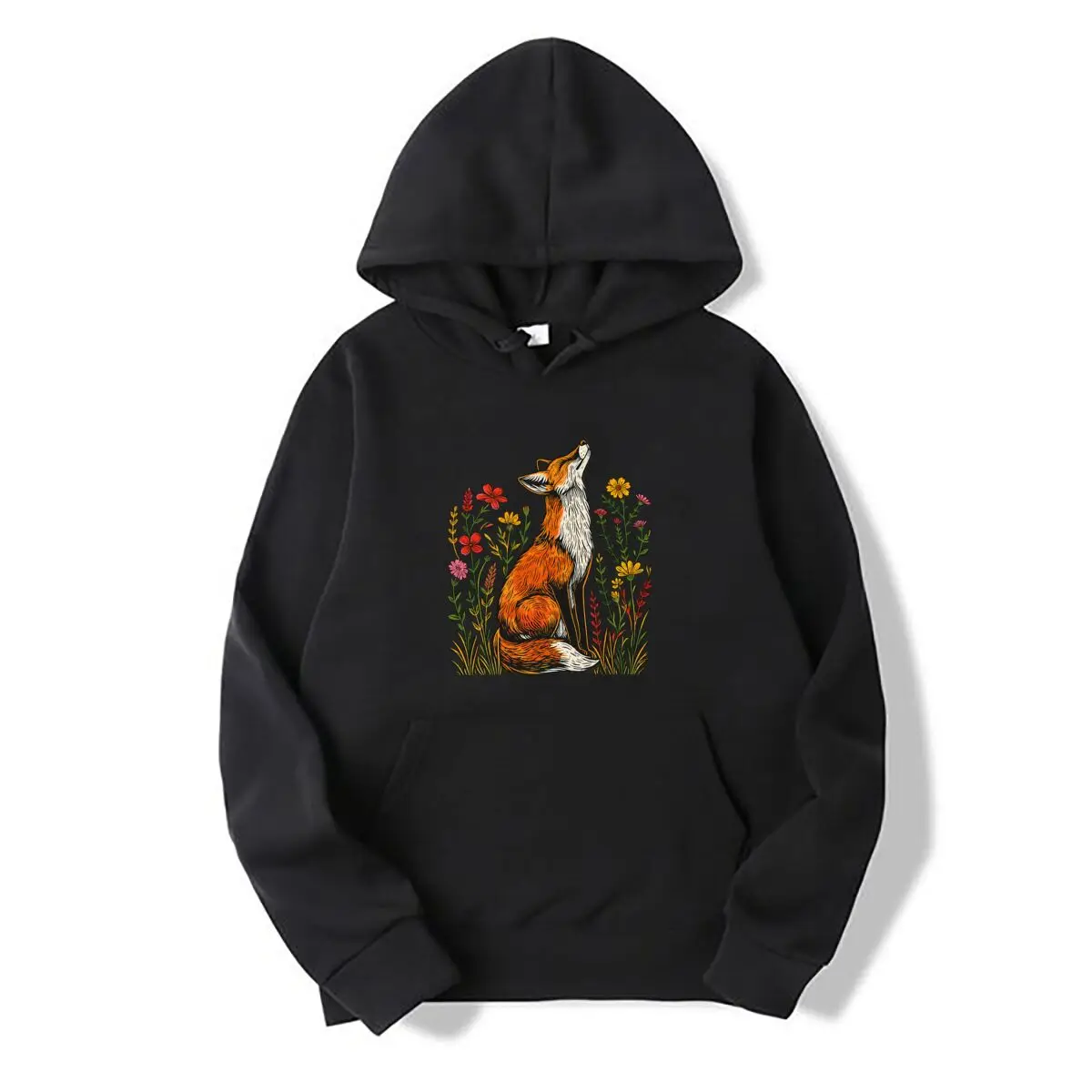 Whimsical Howling Fox Colorful Wildflower Cottagecore Forest Illustration Autumn and winter hooded sweatshirts