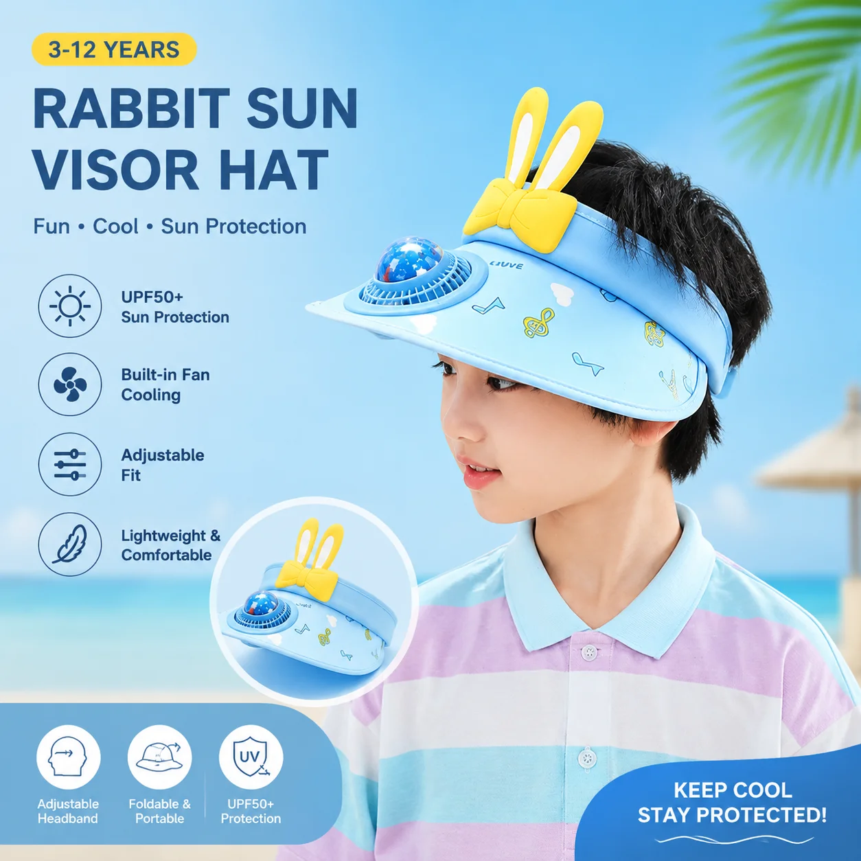 

Children's Hat Cartoon Cute Sunscreen Sunshade Hat for Boys and Girls Summer Outdoor Big Eaves with Fan Ceiling Hat