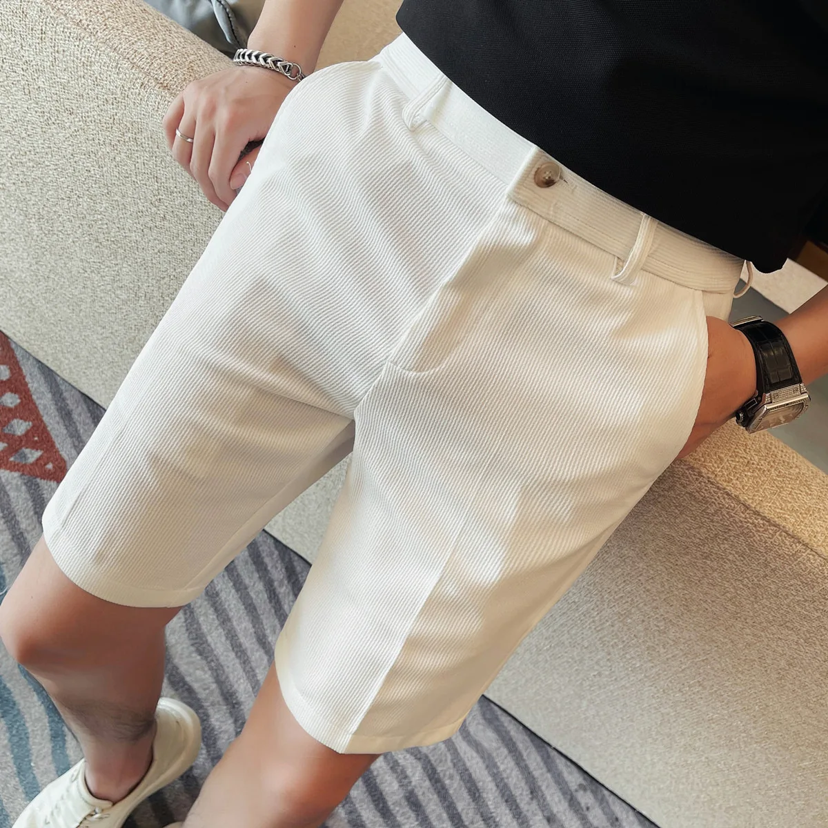 Men's summer fashion simple solid color five quarter pants slim fit rolled edge small straight leg shorts men's trousers