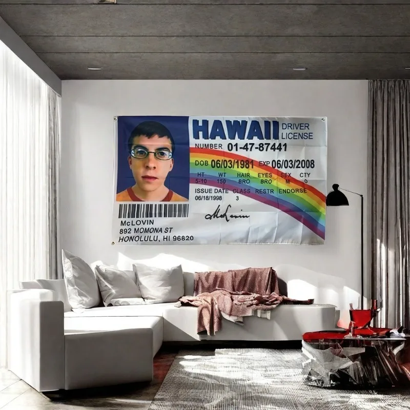 

Американский флаг McLovin, флаг водительских прав, 3x5 футов, баннер, гобелен с 4 латунными втулками, используется для декора стен в общежитии университета