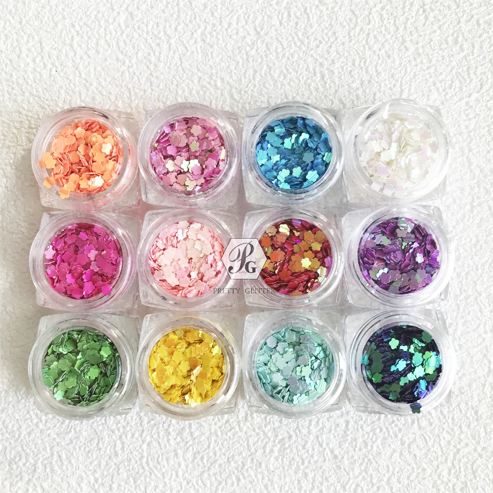 PrettyG 1 Set 12Color Box 3MM Plum Blossom Sequins Glitter Colourful Opal Mix Color Glitter For Resin DIY Nail Art Decoration