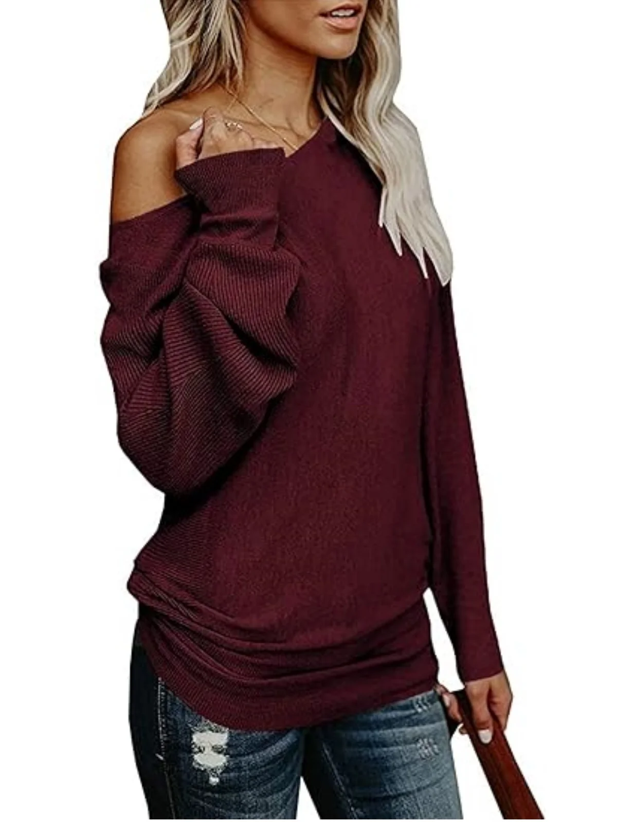 Off Shoulder Sweater Women Long Sleeve Slash Neck Oversized Knitted Sweaters Solid Color Casual Loose Fit Long Pullover Tops