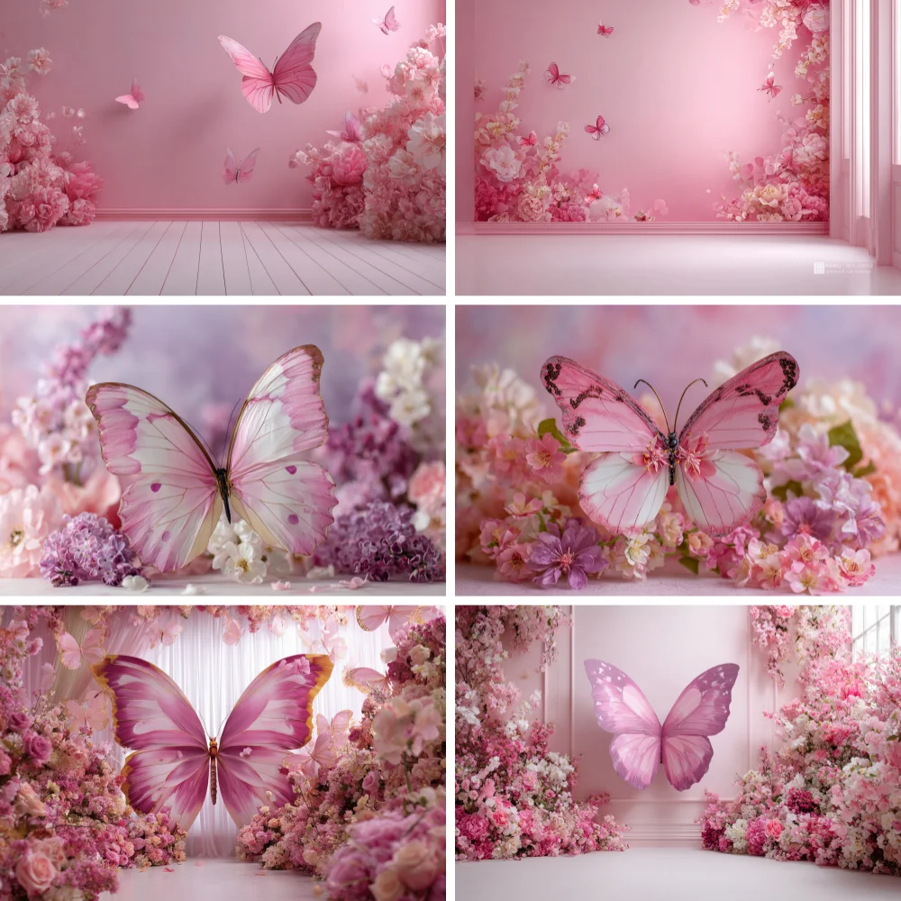 

Dreamy Butterfly Pink Flower Party Decoration Background Banner Rainbow Flower Baby Baptism Prop Decor Girl First Birthday