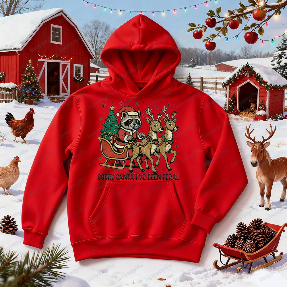 Sorta Merry Sorta Feral مضحك الراكون عيد الميلاد هوديس وقح لطيف الحيوان الملابس عيد الميلاد الرنة مزلقة قميص مطبوع المرأة هوديي