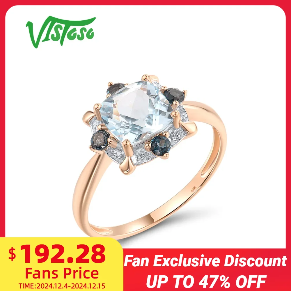 VISTOSO Pure 14K 585 Rose Gold Ring For Women Sparkling Diamonds Sky Blue Topaz Anniversary Wedding Solitaire Fine Jewelry