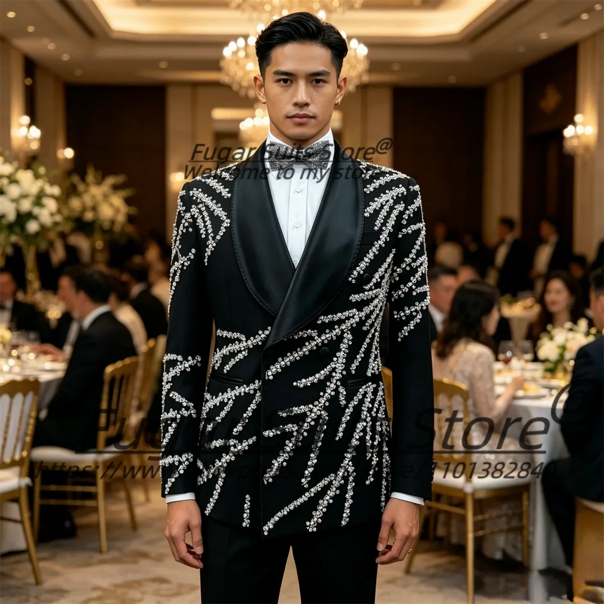 Luxurious Black Men Suits Customized Shiny Silver Rhinestone Stripe Embroidery Shawl Lapel Double Breasted Groom Wedding Tuxedos