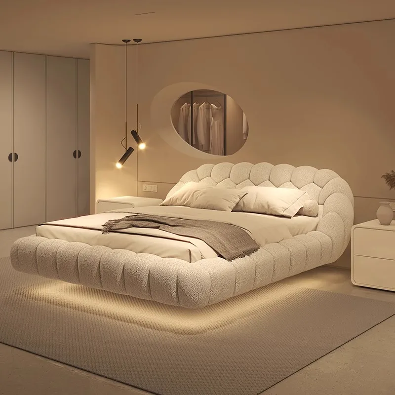 

Frosted cloth Double bed modern designer queen Suspended bed 180x200cm frame headboard cama matrimonial bedroom furniture