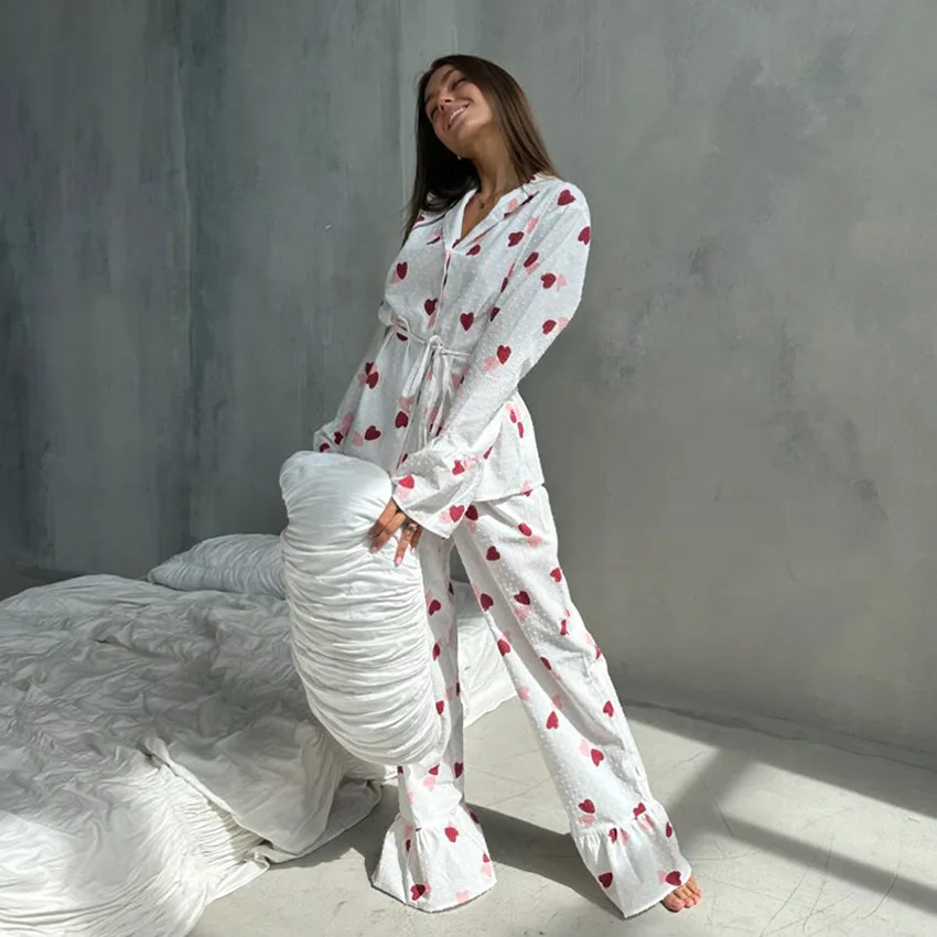 Autumn 100% Cotton Pink Heart Print Loose Comfortable Pajamas Set For Women Long Sleeves Long Pants Sleepwear 2PCS Home Clothes