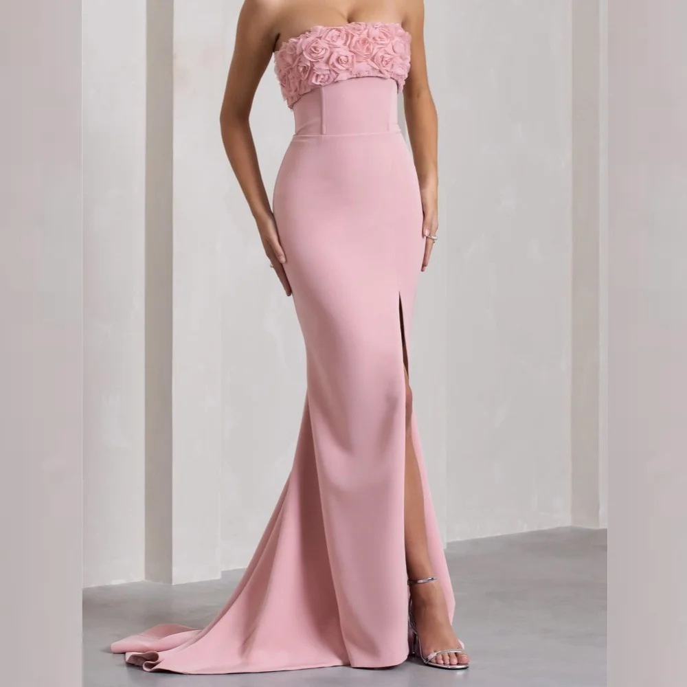 

Customized Evening Sexy Casual Jersey Flower Draped Pleat Evening Mermaid Strapless Bespoke Occasion Gown Long Dresses