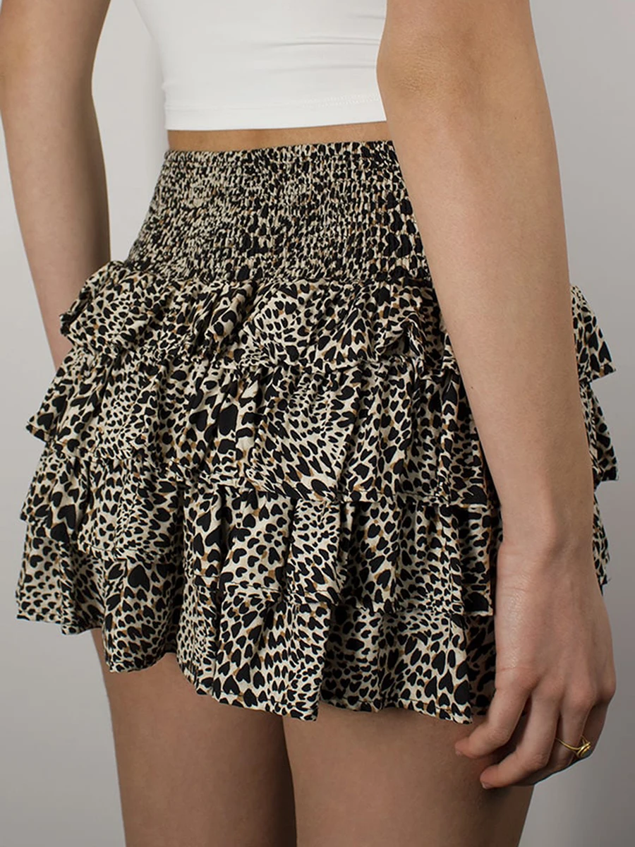 Gonna con stampa leopardata da donna alla moda gonna corta a trapezio arruffata a vita alta elastica per Streetwear estivo