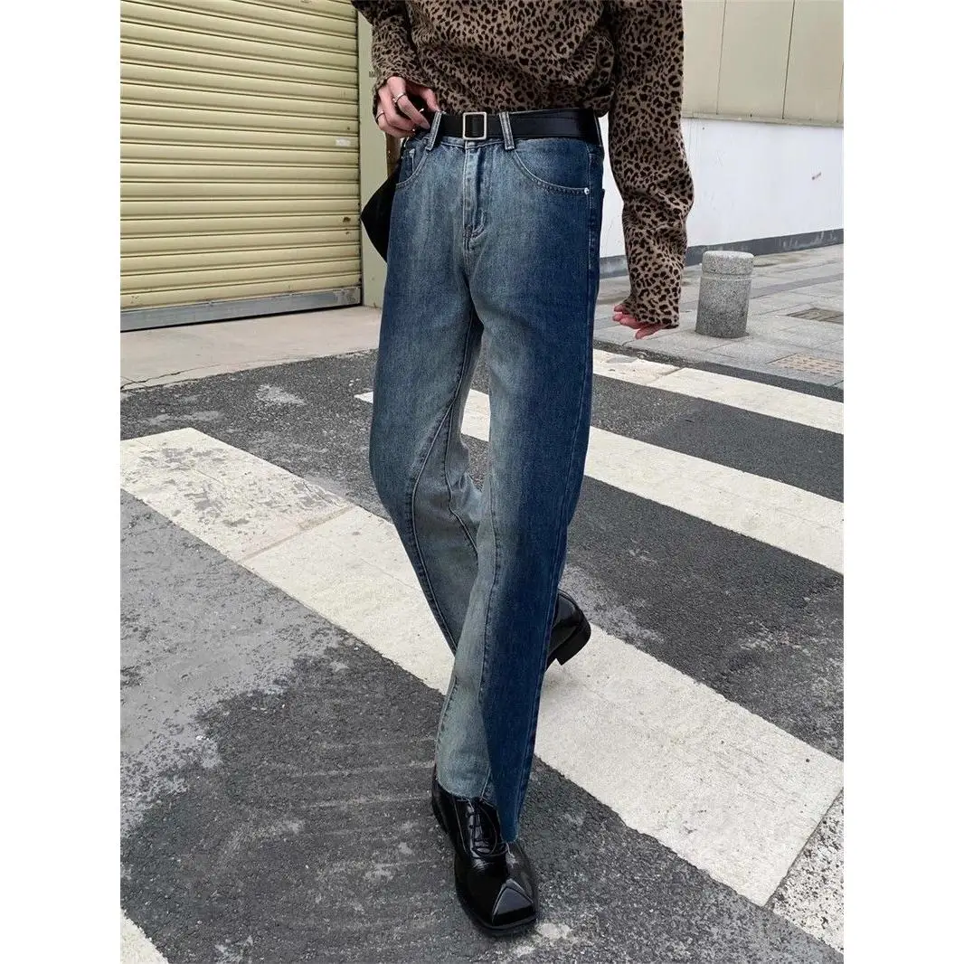 

Retro Men's Jeans Gradual Dyeing Slim Micro Flared Straight Leg Spring Autumn New Style Torn Long Pants Design Sensation