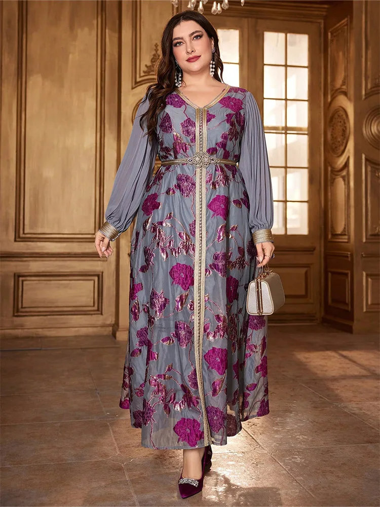 

2024 Women Plus Size Maxi Dresses Elegant Embroidery Moroccan Jalabiya Spring Fitted Party Dress V-neck Lantern Sleeve Vestidos