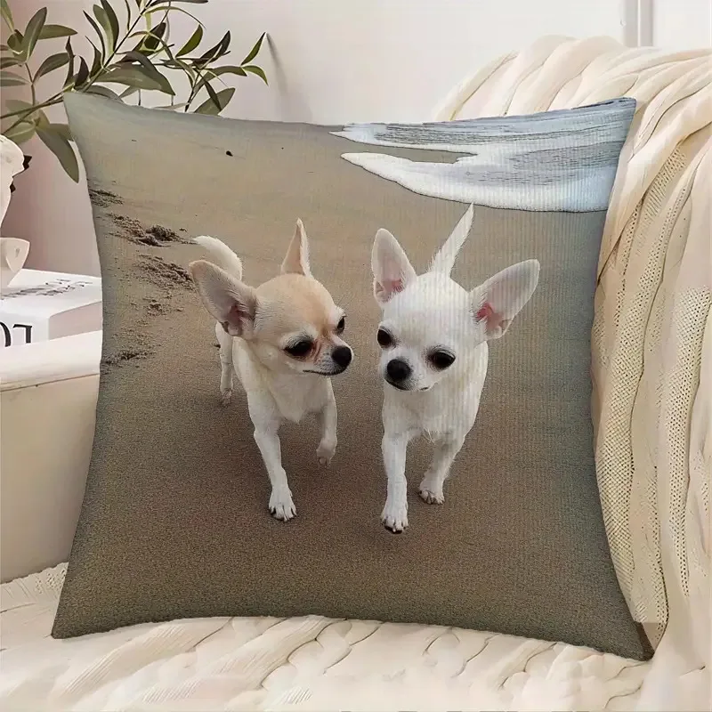 Adorable Chihuahua Dog Pillow Case Double-Sided Beach Photo Printed Decorative Cushion Cover, Pet Home Decor for Sofa Room, 1PC