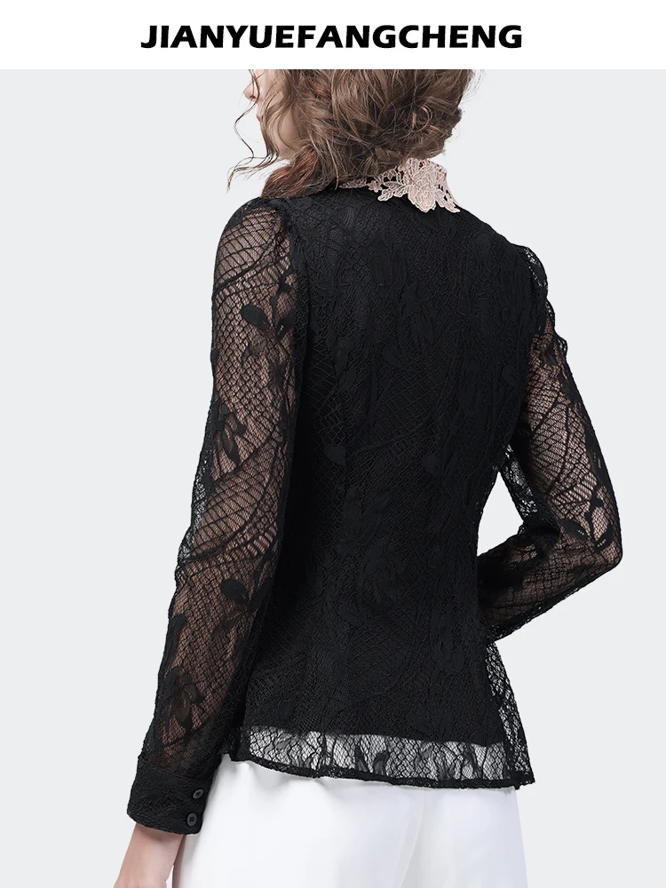 2024 New Black Hollow Out Lace Shirt Tops Women\' Long Sleeve Slim White Lapel Collar Bottoming Shirt Vintage Casual Blouses