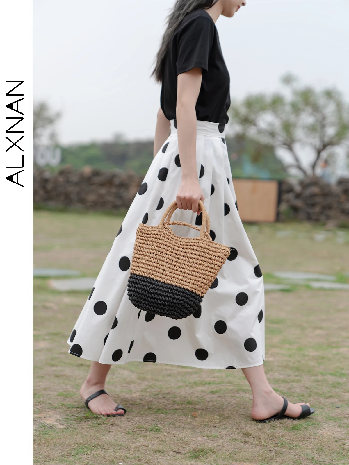 

ALXNAN Korean Fashion Polka Dot Midi Skirt for Women 2024 Summer High Waist Pleated Elegant Chic Female Flared Skirts LXN17717