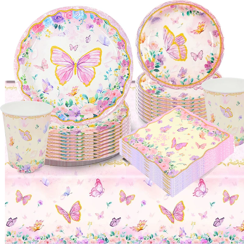 Pink Butterfly Disposable Tableware Set  Paper Plates Napkin Butterfly Birthday Party Decor Girl Baby Shower Decoration Supplies