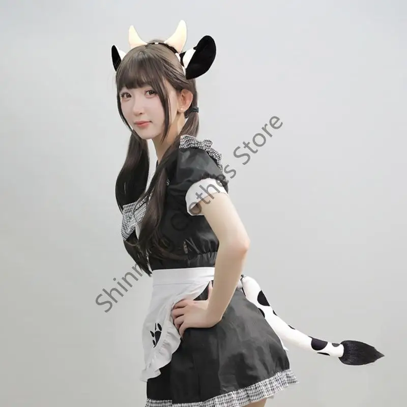 M68A 3 조각 귀여운 암소 의상 세트 암소 귀 머리띠 발 장갑 꼬리 어린이 성인 할로윈 코스프레 파티 의상