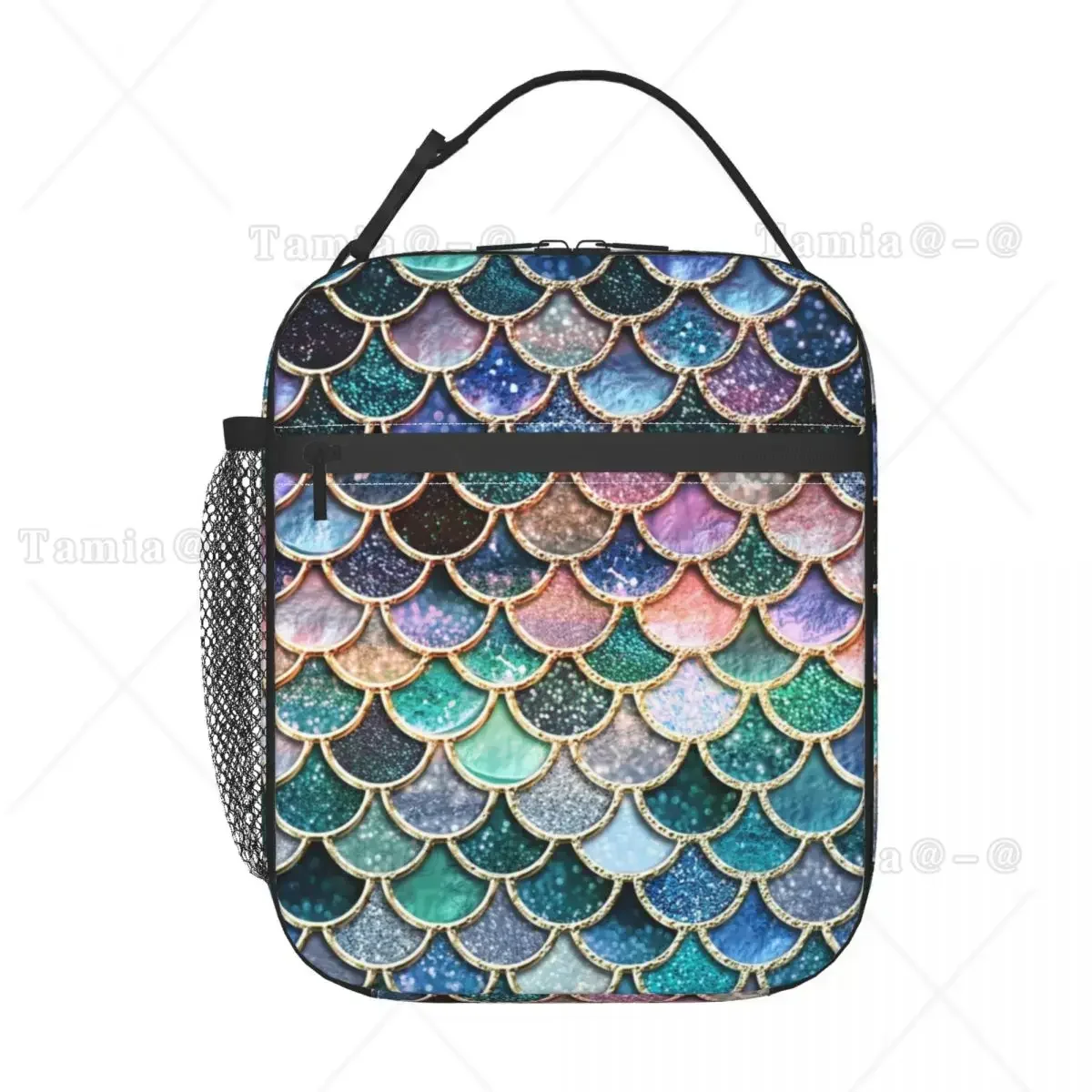 Mermaid Scales Insulated Lunch Bag for Women Waterproof Teal Silver and Pink Sparkle Cooler Thermal Lunch Box Office Work School