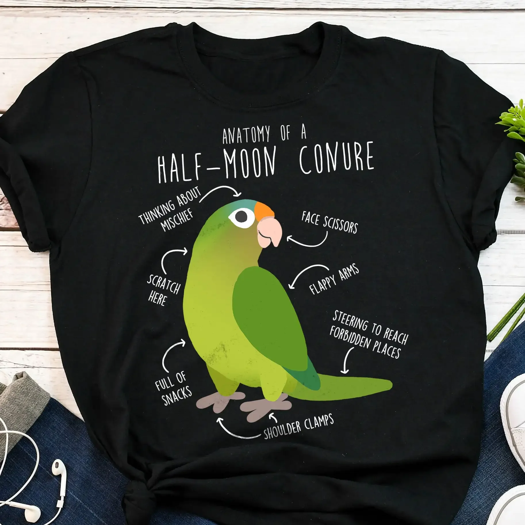 

Half Moon Conure T Shirt Funny Parrot Lover Cute Pet Halfmoon Orange Fronted Mom Dad