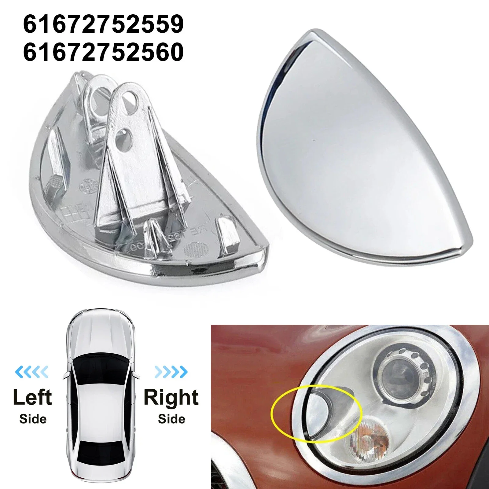 2pcs Left & Right Headlight Washer Nozzle Cover Cap For Mini Cooper R55 R56 R57 R58 R59 08-14 Car Headlight Cleaning Nozzle Caps