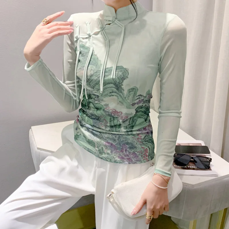 #8666 Vintage Mesh T Shirt Women Stand Collar Chinese Style Buttons Skinny T-shirt Long Sleeve 3d Printed Short Tee Shirt Femme