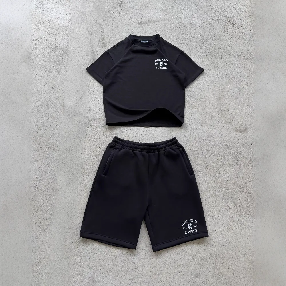 

Men Set Y2k Round Neck Short Sleeve Embroidered Jacquard T-shirt Stretch Straight Shorts Suit Trendy Casual Two-piece Set