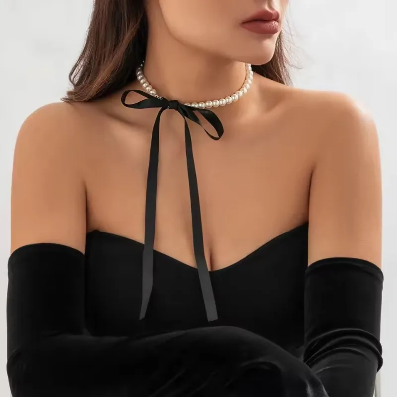Elegant Pearl Ribbon French Palace Necklace Bow Bead Creative Exquisite Clavicle Chain for Women Wedding Party Jewelry Gift