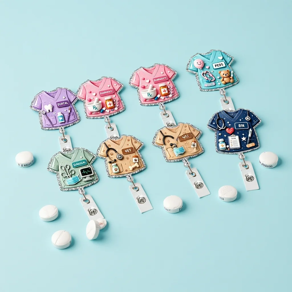 Cute Retractable Dental Uniform Glitter Acrylic Badge Reel, Rotatable Id Holder With Metal Clip For Medical Staff Gifts