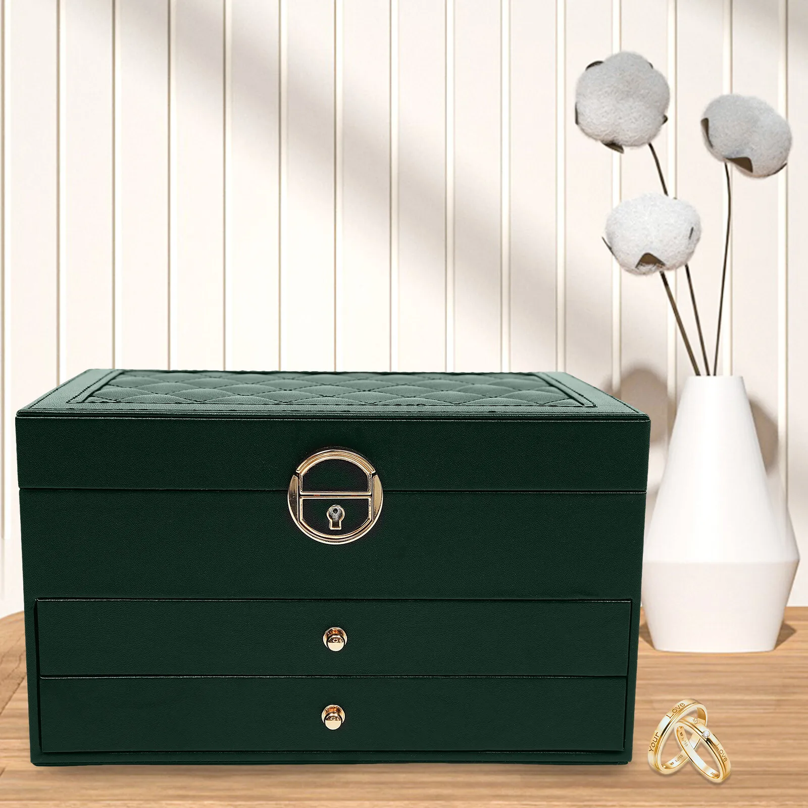 

3-tier Green Watch Box Rustic Watch Holder Organizer Jewelry Holder Watch Display Case PU Velveteen Zinc Alloy