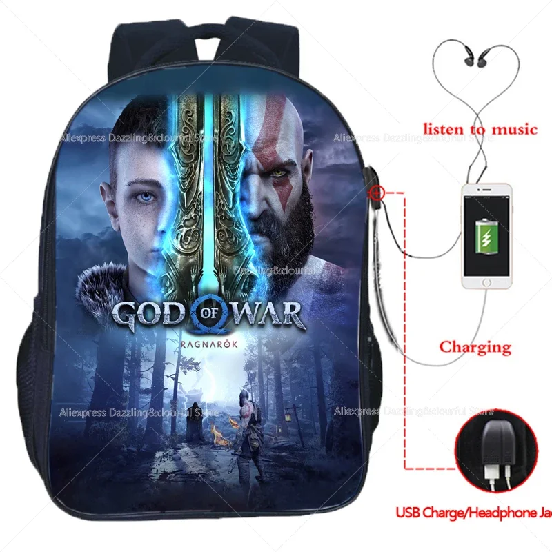 God of War Ragnarok Backpack Kratos Middle School Students Boys Girls Schoolbag Children Teens USB Charge Travel Laptop Bag