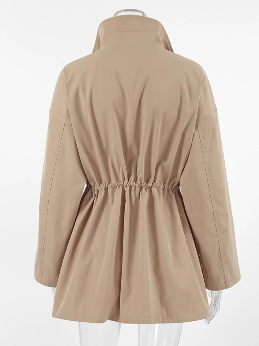 TWOTWINSTYLE chaqueta caqui básica de estilo medio para mujer, cuello levantado, manga larga, cordón empalmado, cortavientos holgado informal para mujer